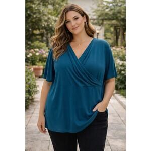 Lane Bryant Women's 2X 18/20 Teal Blue Faux Wrap Top Career Business Stretch